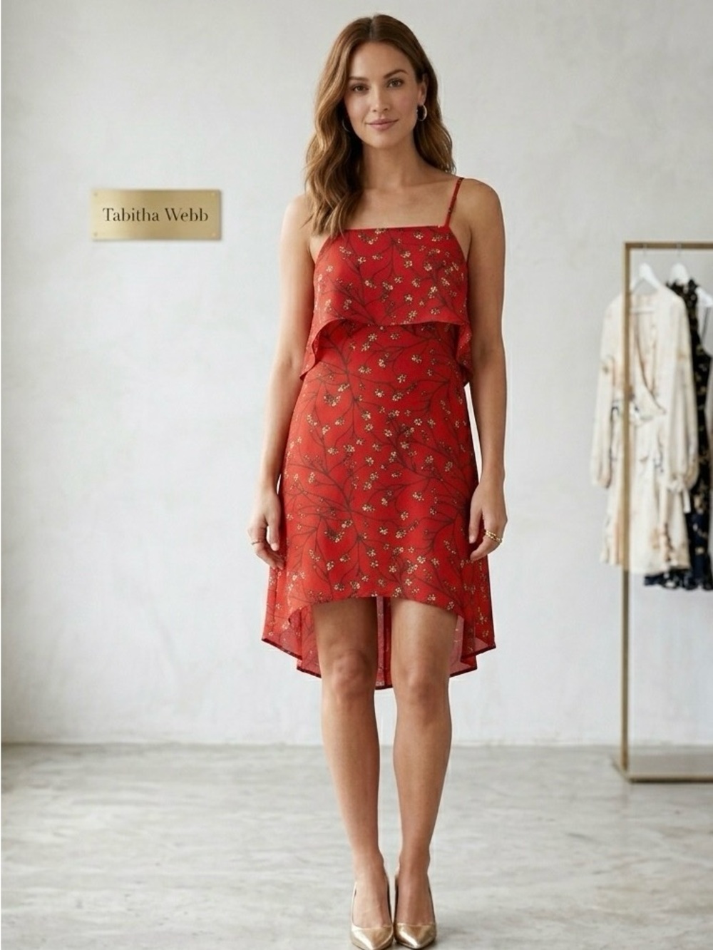 Tabitha Webb Red Floral strappy sleeves  Dress - High-Low‎ Hem size 10